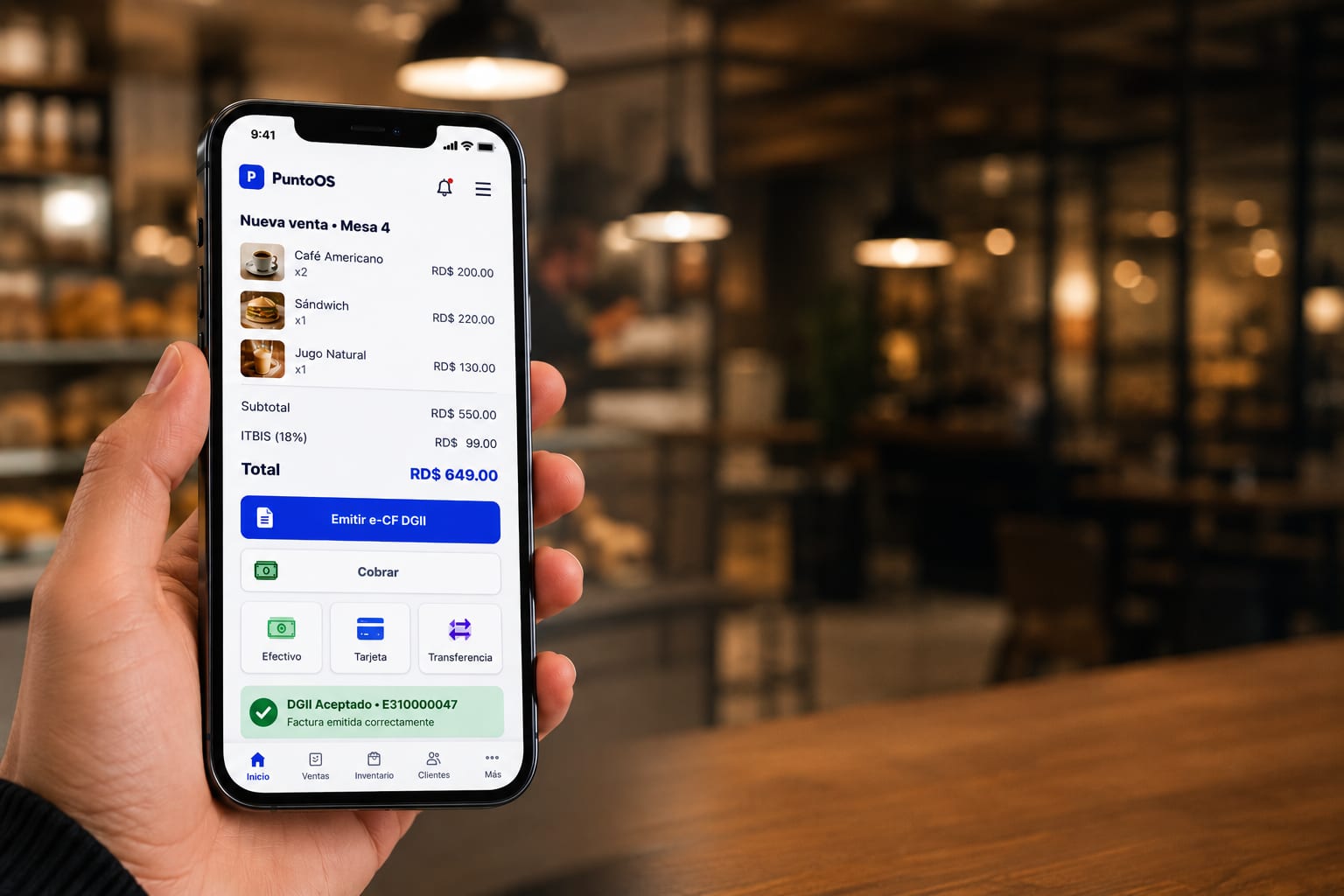 PuntoOS app móvil — cobra y factura desde el celular