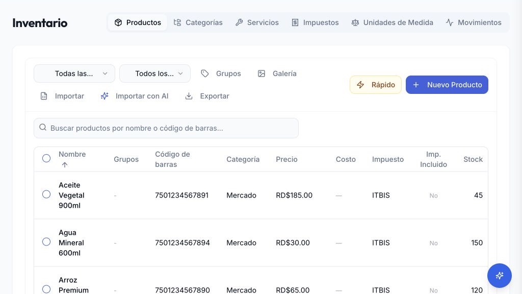 Vista real de Inventario en PuntoOS
