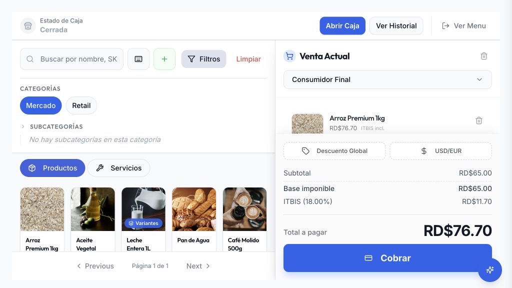 Vista real de Punto de Venta en PuntoOS